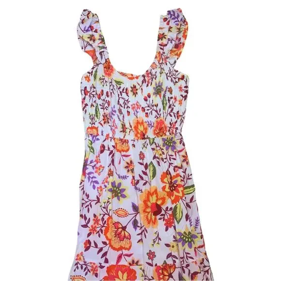 2/$30 Long Floral Print Sleeveless Maxi Dress Flowy Small Colorful Orange White - Picture 4 of 11